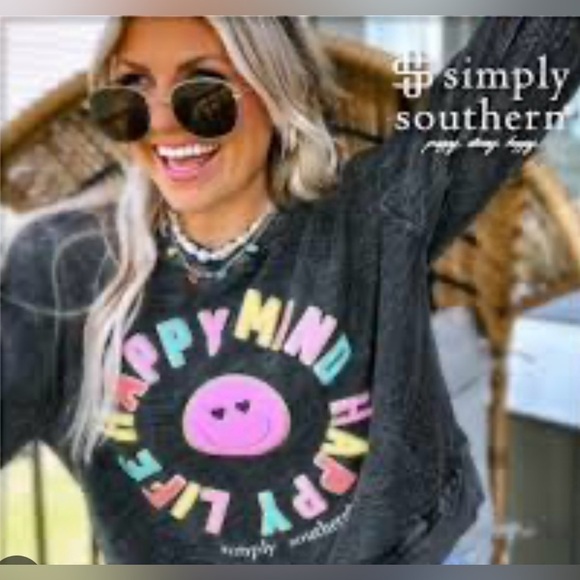 Simply Southern Boxy Ribbed Black Washed Sweatshirt Small Oversized Happy Face - Picture 1 of 7